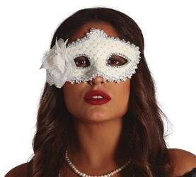 MASKA WENECKA BIAŁA PIKOWANA Z KWIATEM