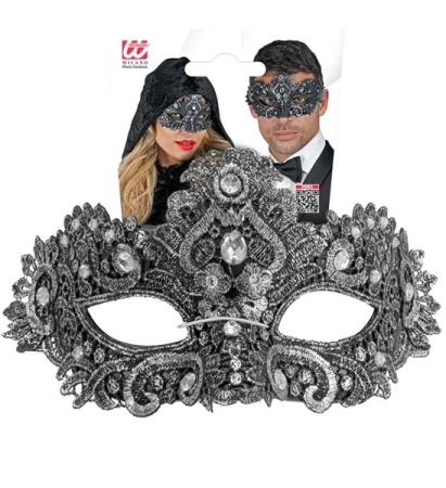 MASKA WENECKA SREBRNA Z KORONKĄ 