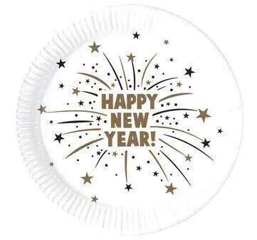 ZESTAW HAPPY NEW YEAR BIAŁE TALERZYKI+KUBECZKI