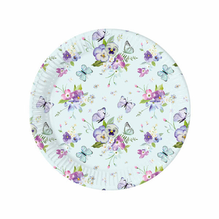 TALERZYKI PAPIEROWE KWIATY I MOTYLE 20 CM 8 SZT.