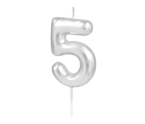 ŚWIECZKA URODZINOWA CYFRA 5 SREBRNA POŁYSK 6 CM