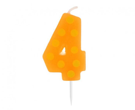 ŚWIECZKA URODZINOWA CYFRA 4 POMARAŃCZOWA W GROCHY 6 CM