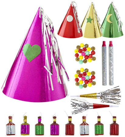 Pk 12 "HOLOGRAPHIC PARTY SET" for 4 persons (4 hats, 2 sounding trumpets, 2blowpipes, 40 paper balls, 8 champagne poppers)