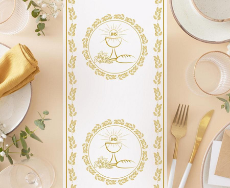 BIEŻNIK PIERWSZA KOMUNIA ŚWIĘTA BIAŁO-ZŁOTY 33 X 200CM IHS