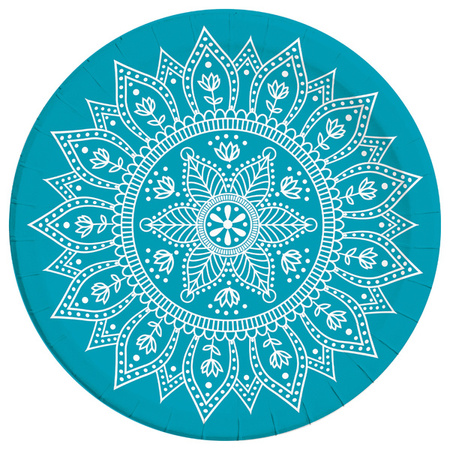 TALERZYKI PAPIEROWE NIEBIESKIE-BIAŁE MANDALA 23 CM 8 SZT