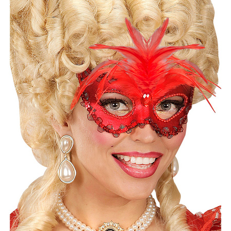 MASKA CZERWONA BARONOWEJ Z PIÓRAMI