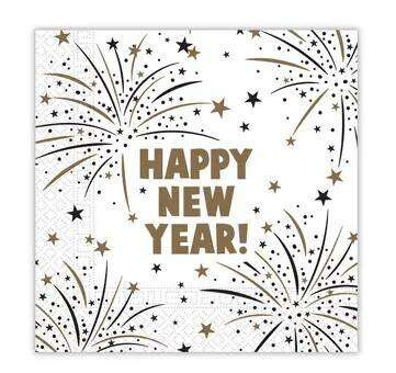 ZESTAW HAPPY NEW YEAR BIAŁY TALERZYKI+KUBECZKI+SERWETKI
