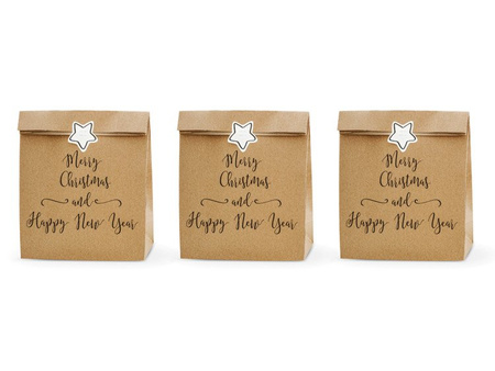 Torebki na prezenty Merry Christmas and Happy New Year, kraft, 25x11x27cm (1 karton / 25 op.) (1 op. / 3 szt.)