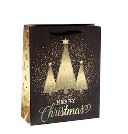 TOREBKA CZARNO ZŁOTA CHOINKI 42x32x12cm