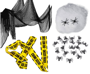 ZESTAW DEKORACJI HALLOWEEN ZASŁONA CZARNA +PAJĘCZYNA 20 G +PAJĄKI+TAŚMA MIEJSCE ZBRODNI