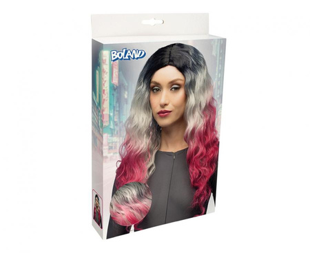 Peruka Komiko włosy długie ombre czarno-szaro-różowe długie loki fale