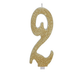 ŚWIECZKA URODZINOWA CYFRA 2 ZŁOTY BROKAT 12 CM