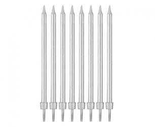 ŚWIECZKI URODZINOWE Z PODSTAWKAMI SREBRNE 10 CM 8 SZT