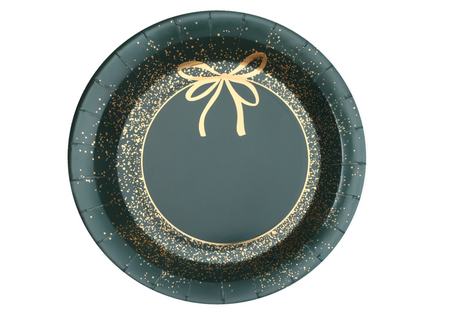 TALERZYKI PAPIEROWE ZŁOTA KOKARDKA CIEMNA ZIELEŃ 23 CM 10 SZT