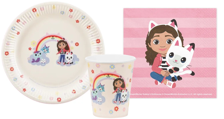 ZESTAW KOCI DOMEK GABI BEŻOWY: TALERZYKI + KUBECZKI + SERWETKI 