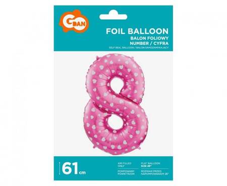 BALON FOLIOWY CYFRA 8 RÓŻOWA W SERCA 61 CM