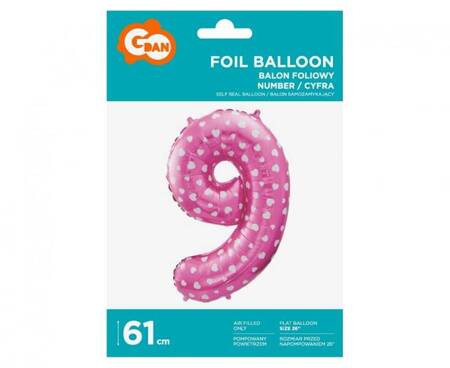 BALON FOLIOWY CYFRA 9 RÓŻOWA W SERCA 61 CM