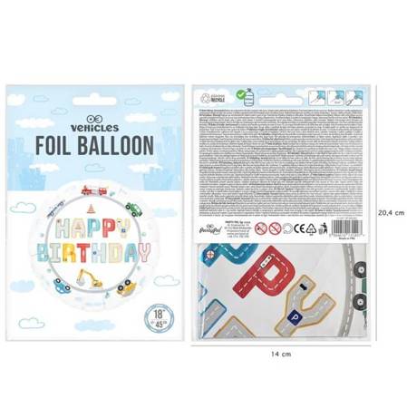 BALON FOLIOWY HAPPY BIRTHDAY AUTA 45 CM