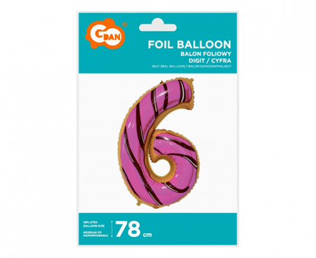 BALON FOLIOWY RÓŻOWY  CYFRA 6 CIASTECZKO 78CM  1SZT