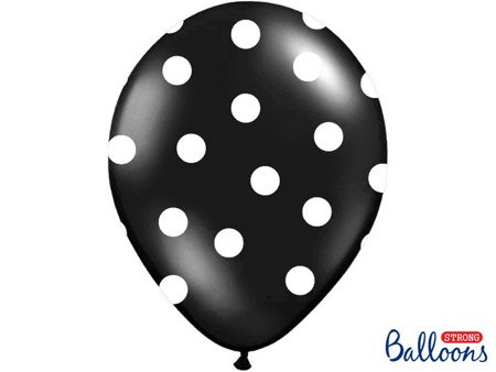 BALONY 30cm, CZARNY, BIAŁE KROPKI, 6 szt.