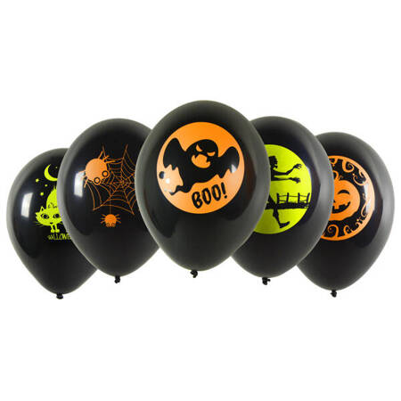 BALONY CZARNE Z NEONOWYM NADRUKIEM HALLOWEEN 5 SZT 