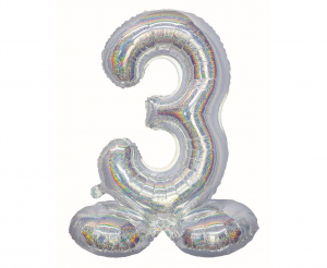 Balon cyfra stojąca 3 holograficzna srebrna 72 cm