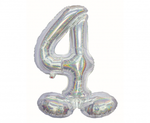 Balon cyfra stojąca 4 holograficzna srebrna 72 cm