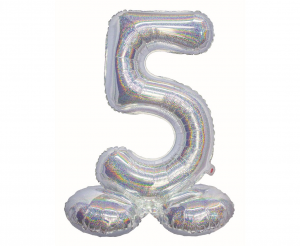 Balon cyfra stojąca 5 holograficzna srebrna 72 cm
