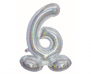 Balon cyfra stojąca 6 holograficzna srebrna 72 cm