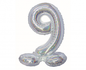 Balon cyfra stojąca 9 holograficzna srebrna 72 cm