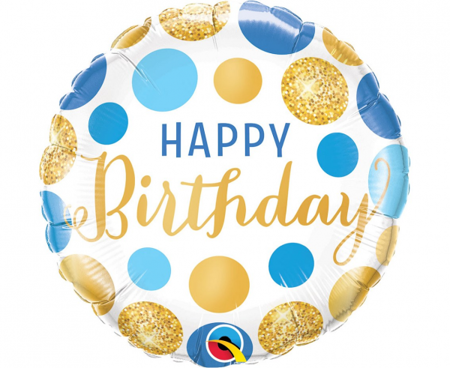Balon foliowy 18 QL CIR - Happy Birthday Blue & Gold Dots