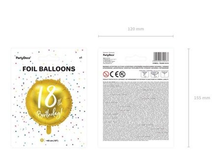 Balon foliowy 18th Birthday, złoty, 45cm (1 karton / 50 szt.)