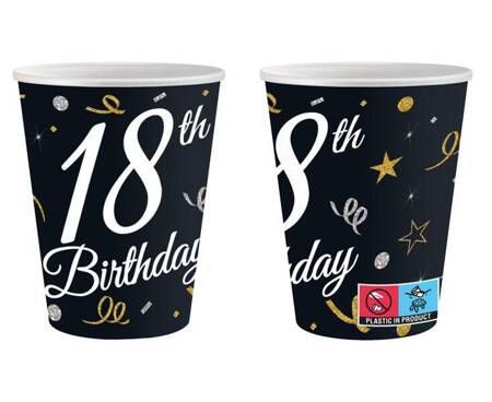 KUBECZKI PAPIEROWE 18TH BIRTHDAY CZARNE 250 ML 6 SZT