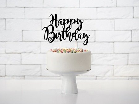 Topper na tort Happy Birthday, czarny, 22,5cm (1 karton / 50 szt.)