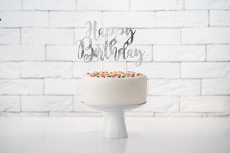 Topper na tort Happy Birthday, srebrny, 22,5cm (1 karton / 50 szt.)